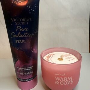 Victoria's Secret Pure Seduction Starlit Lotion with Pink Warm & Cozy Candle